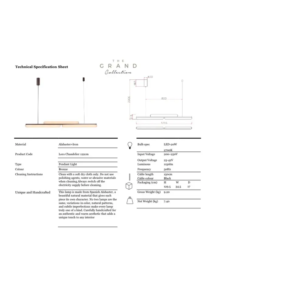 The Grand Interior Loro Design Chandelier Alabaster - Linear Pendant Lamp Bronze - 120CM