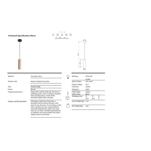 The Grand Interior Destino Pendant Lamp Travertine - Compact Cylindrical Pendant