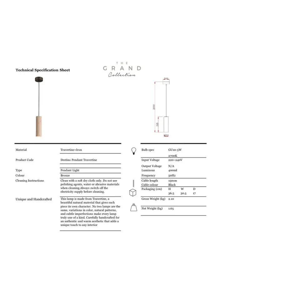 The Grand Interior Destino Pendant Lamp Travertine - Compact Cylindrical Pendant