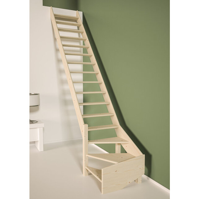 Cottage Medium escalier fixe quart tournant large en pin - 70 cm de large