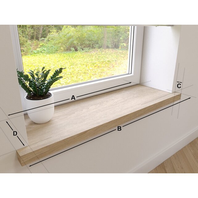 Appui de fenêtre droit sur-mesure en chêne avec oreilles