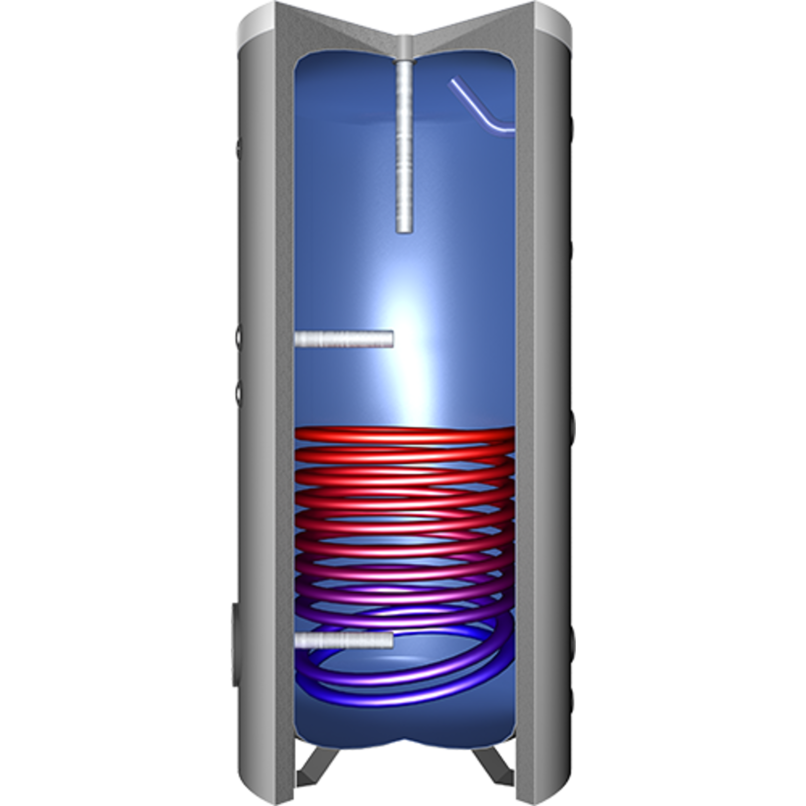 Buffertank voor drinkwater met een warmtewisselaar met gladde buizen