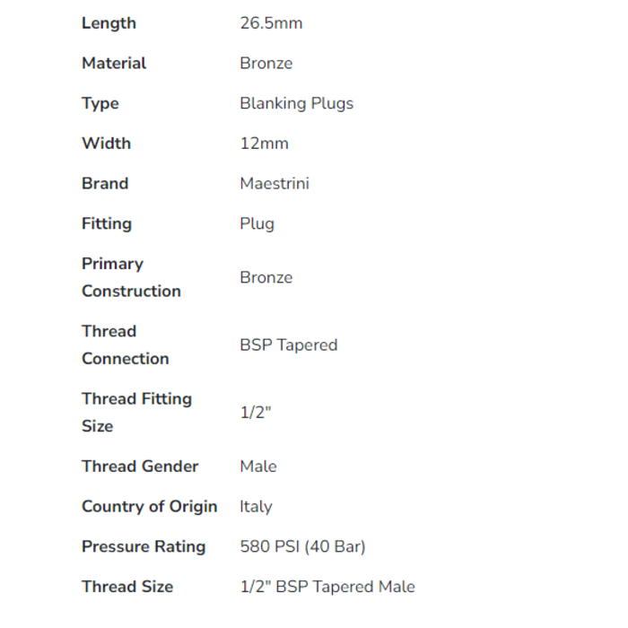 Vescoil International Maestrini Leiding Plug