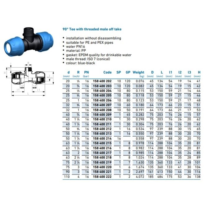 Georg Fischer Overgangs-T-stuk 90° buitendraad