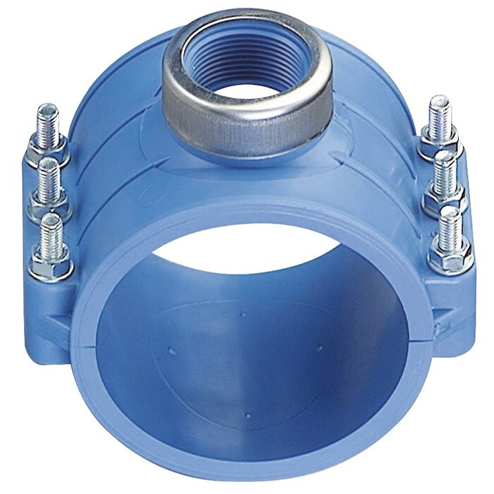 Georg Fischer Blue clamp saddles with stainless steel reinforcement ring, flat gasket and stainless steel bolts and nuts (PN16-PN10)