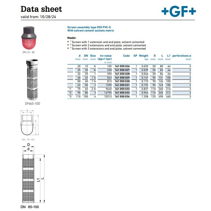 Georg Fischer Screen assembly type 050 PVC-U  With solvent cement sockets metric