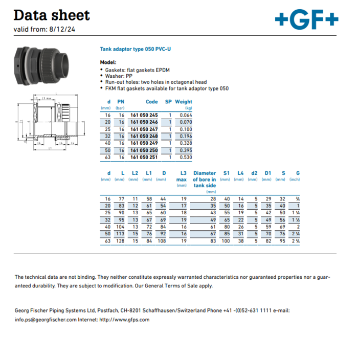 Georg Fischer PVC-U Tank adaptor type 050