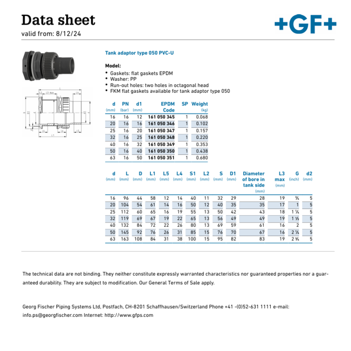 Georg Fischer PVC-U Tankadapter type 050 met mof reductie metrisch
