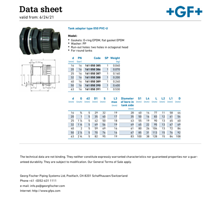Georg Fischer Tank aansluiting type 050 PVC-U  metrisch met O-ring