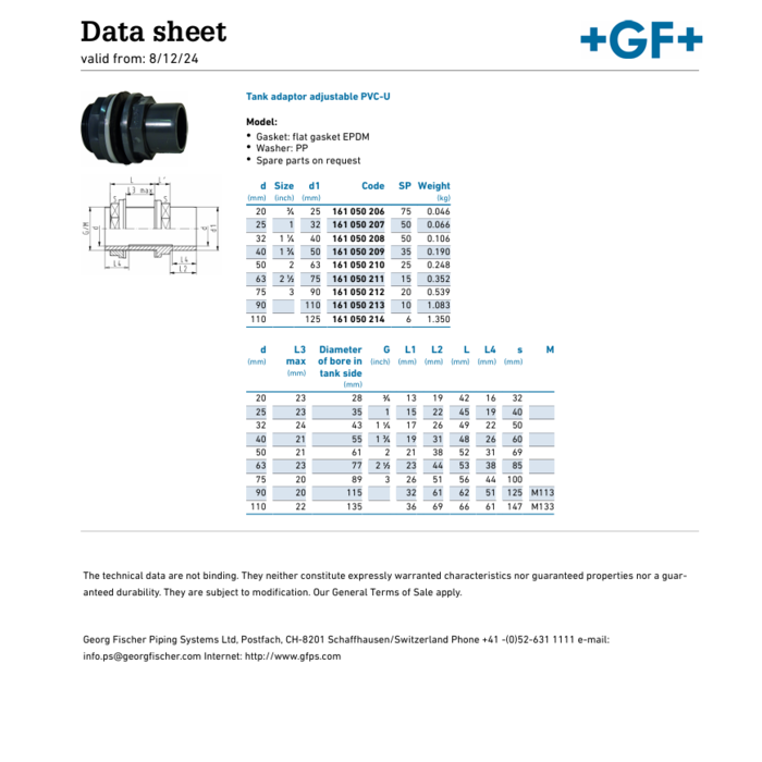 Georg Fischer Tankadapter verstelbaar PVC-U