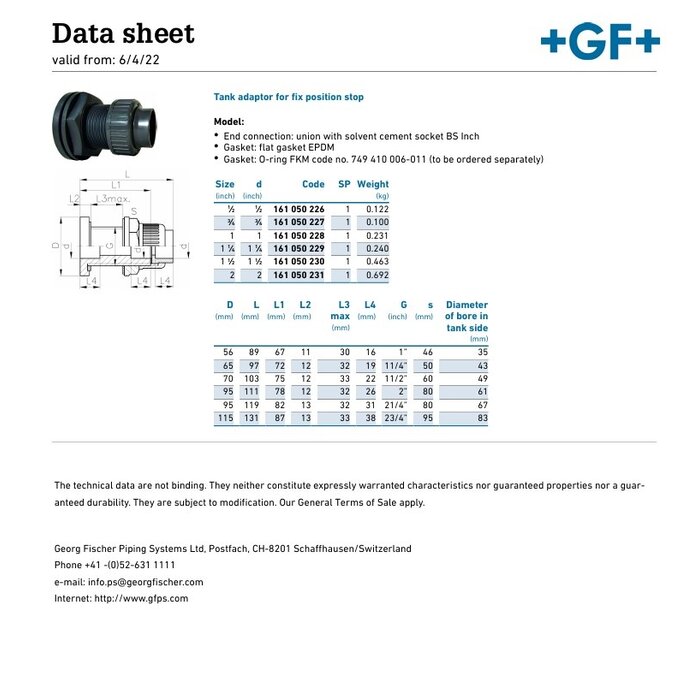 Georg Fischer PVC-U Tank adapter vaste positie stop