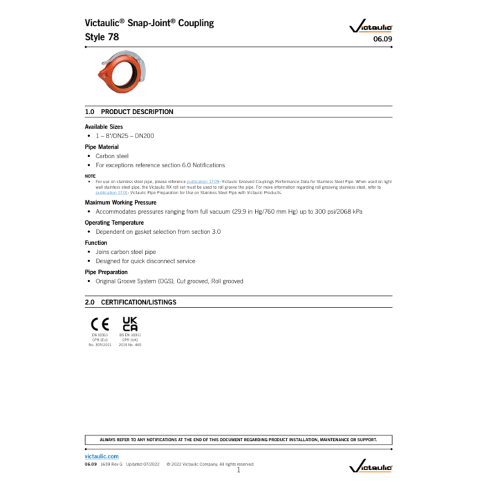 A2 Victaulic Victaulic Snap-Joint koppeling verzinkt 78