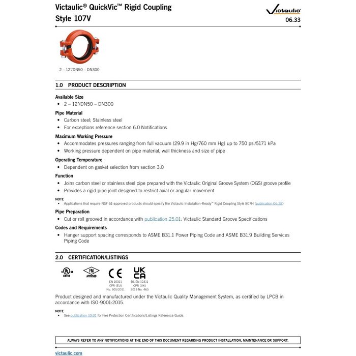 A2 Victaulic Victaulic QuickVic starre koppeling stijl 107 EPDM