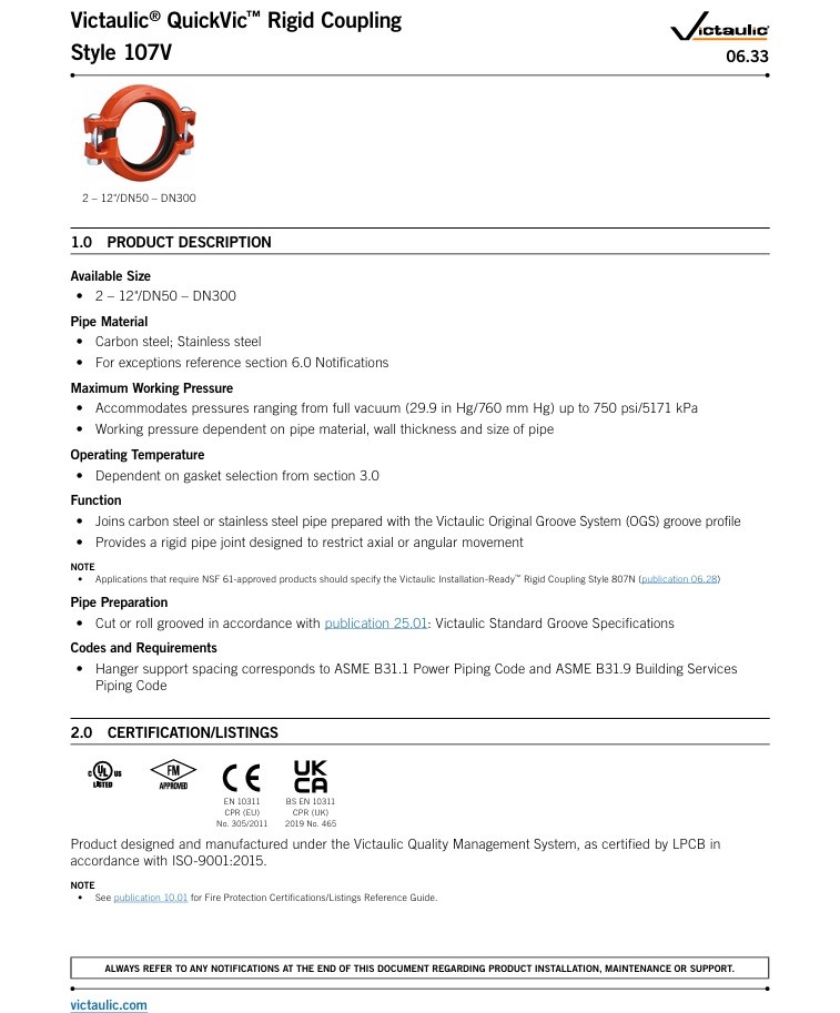 A2 Victaulic Victaulic QuickVic starre koppeling stijl 107 EPDM