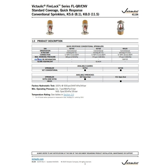 Victaulic Victaulic FireLock™ Series FL-QR/CNV Conventional Sprinklers