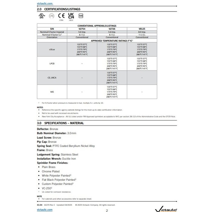 A2 Victaulic Victaulic FireLock™ Series FL-QR/CNV Conventional Sprinklers