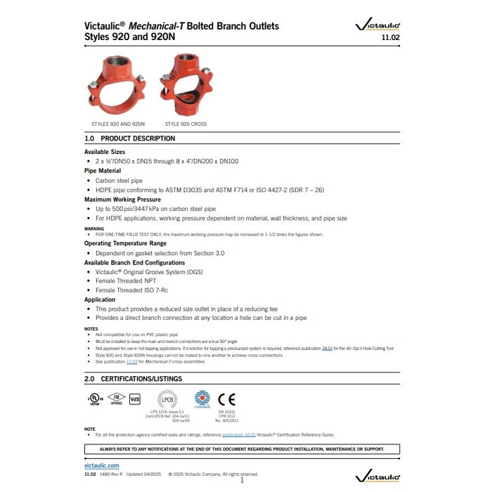 A2 Victaulic Victaulic mechanical T Style 920/920N Mechanical-T Outlet rood groef