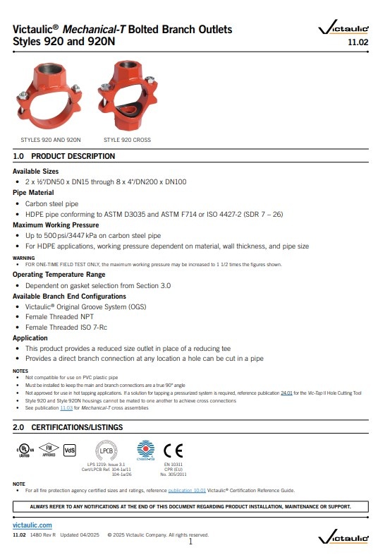 Victaulic Victaulic mechanical T Style 920/920N Mechanical-T Outlet rood groef