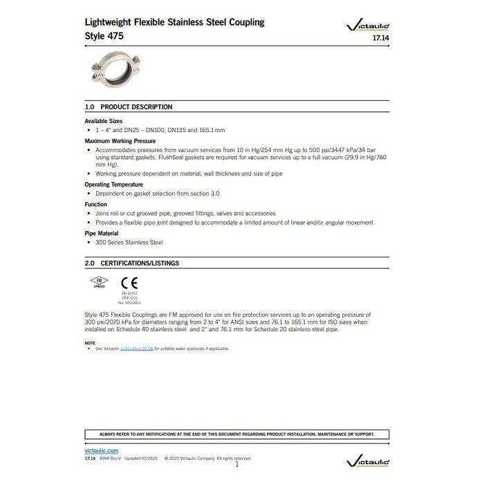 Victaulic Victaulic Style 475 Stainless Steel 316