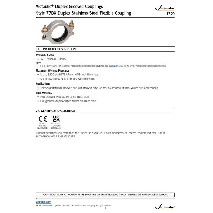 A2 Victaulic Victaulic flexible coupling DUPLEX Style 77DX / standard NBR