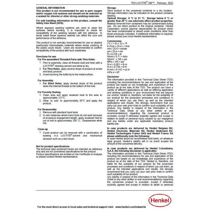 Georg Fischer Loctite® 290 Schroefdraadborging met gemiddelde/hoge sterkte hoge indringingsgraad 50ml/250ml