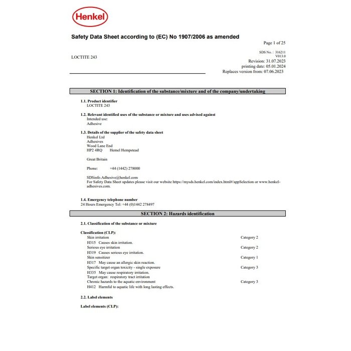 Georg Fischer LOCTITE® 243 Uitvoering: schroefdraadborging met gemiddelde sterkte voor verbindingen tot M36.