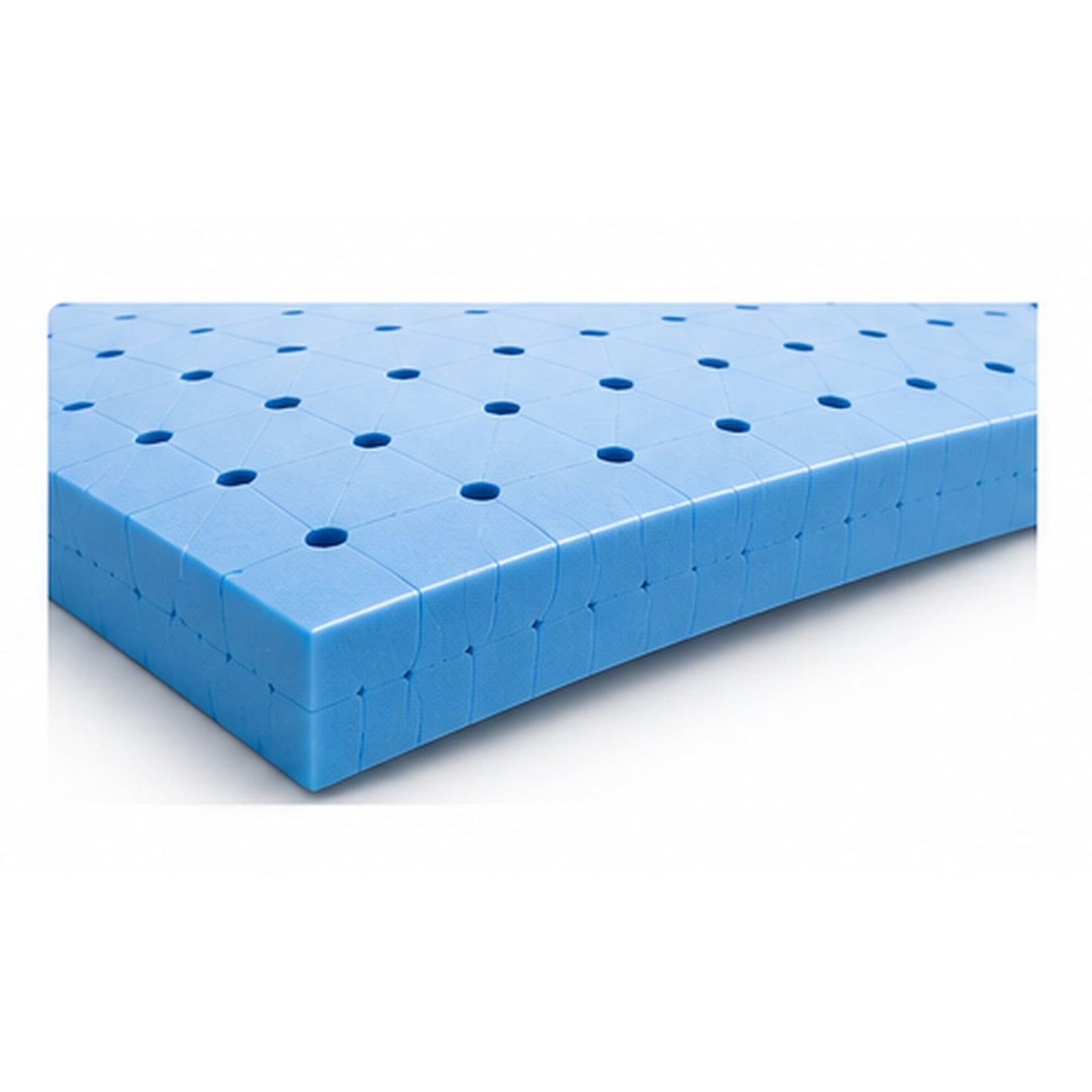 Zachte blauwe gelfoamlaag met ventilatieopeningen voor een omsluitend liggevoel