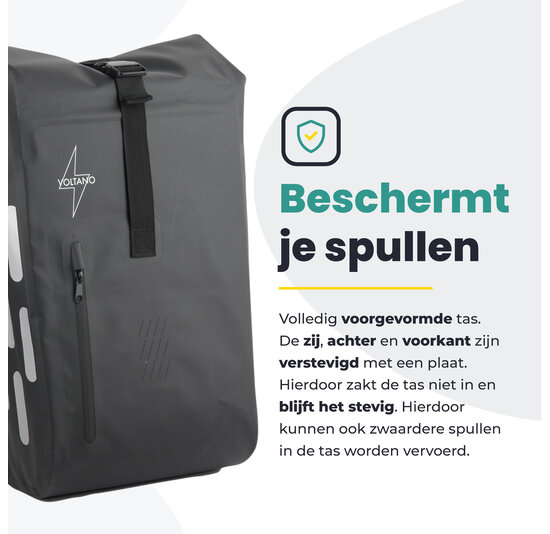Voltano Luxe Fietstas 22L - Volledig Verstevigd - Enkele Pakaftas - Zwart - 100% Waterdicht