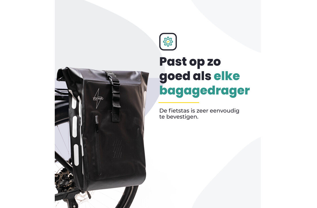 Voltano Luxe Fietstas 22L - Volledig Verstevigd - Enkele Pakaftas - Zwart - 100% Waterdicht