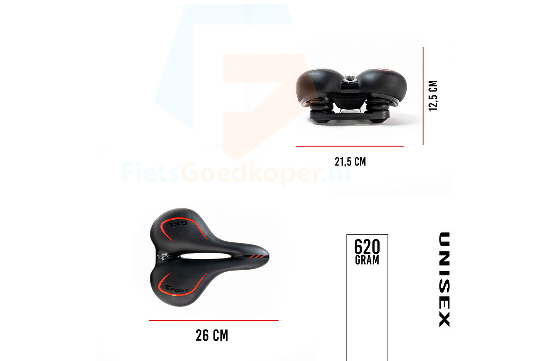 Voltano Fietszadel City / Tour - Zwart / Rood - Met Uitsparing - Gel - Unisex