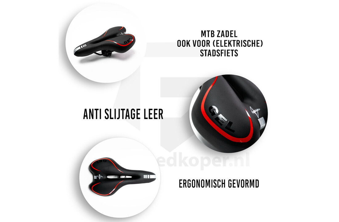 Voltano Gel Fietszadel Met Uitsparing - Zwart / Rood - Trekking - Incl. Zadelstrop - Unisex