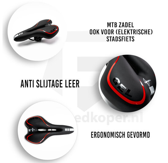 Voltano Gel Fietszadel Met Uitsparing - Zwart / Rood - Trekking - Incl. Zadelstrop - Unisex