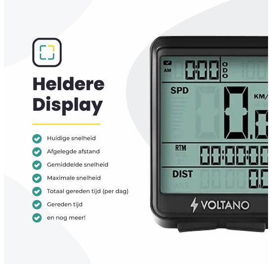 Voltano Draadloze Fietscomputer 2.1 inch - Zwart - 21 Functies - Waterdicht