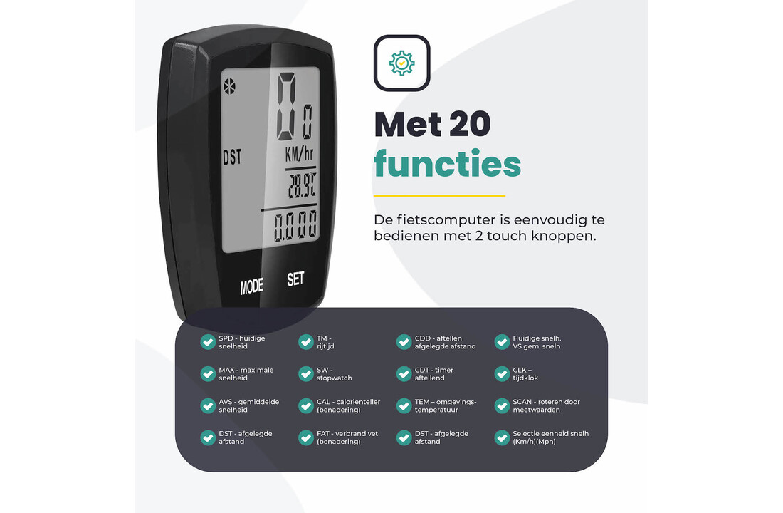 Voltano Fietscomputer Draadloos - Zwart - 20 Functies - Waterdicht - Touchknoppen