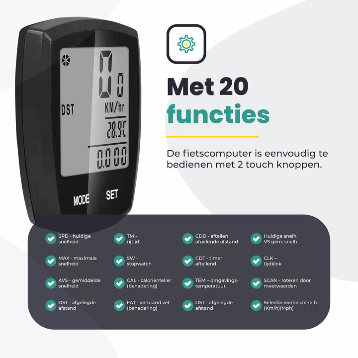 Voltano Fietscomputer Draadloos - Zwart - 20 Functies - Waterdicht - Touchknoppen