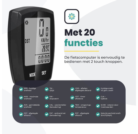 Voltano Fietscomputer Draadloos - Zwart - 20 Functies - Waterdicht - Touchknoppen
