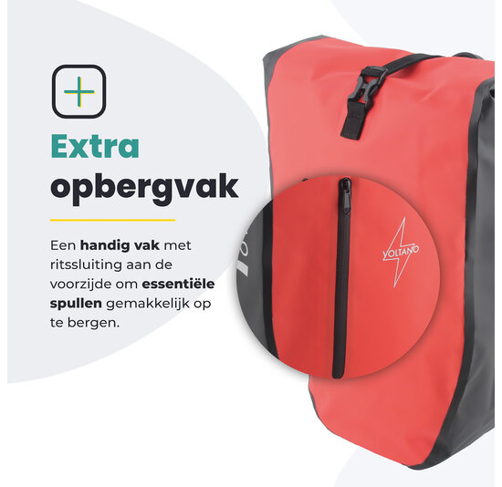 Voltano Luxe Fietstas 28L - Rood / Zwart - Enkele Pakaftas - 100% Waterdicht