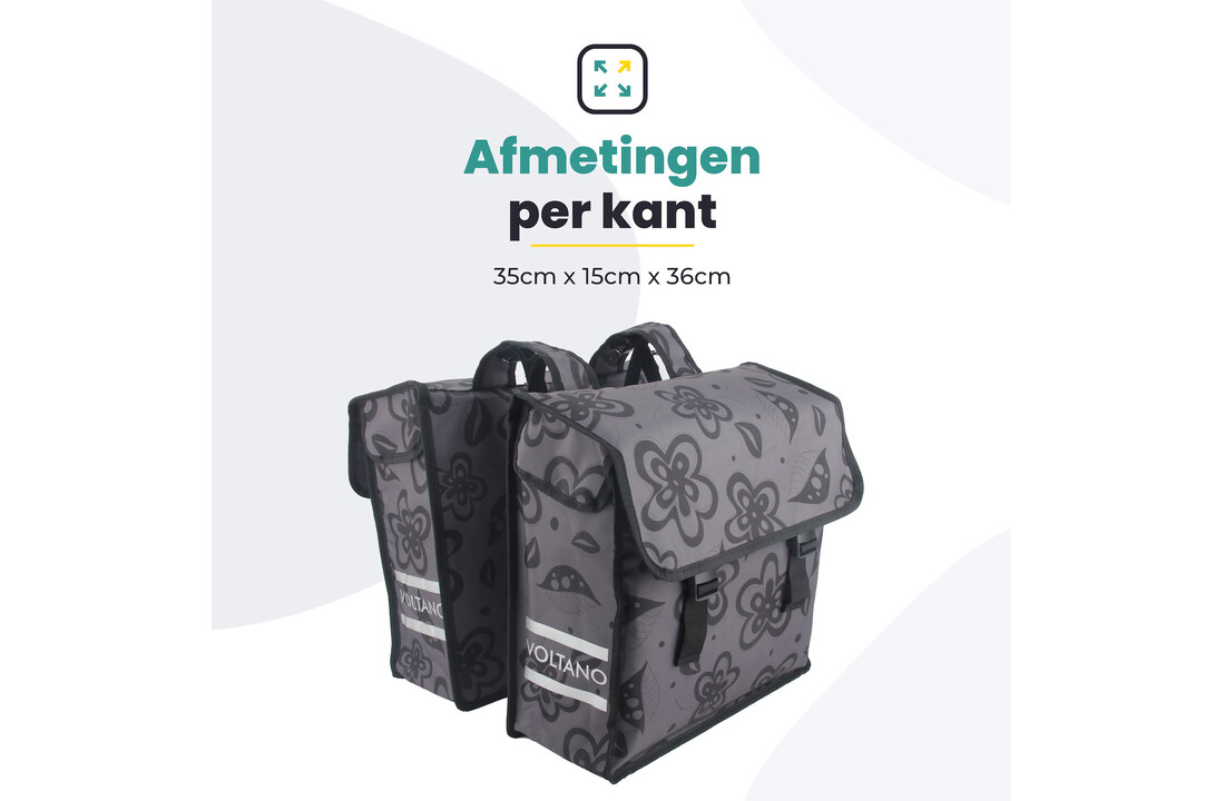 Voltano Dubbele Fietstas Floral Fusion - Grijs Met Bloemen - 38 Liter - Waterdicht Polyester