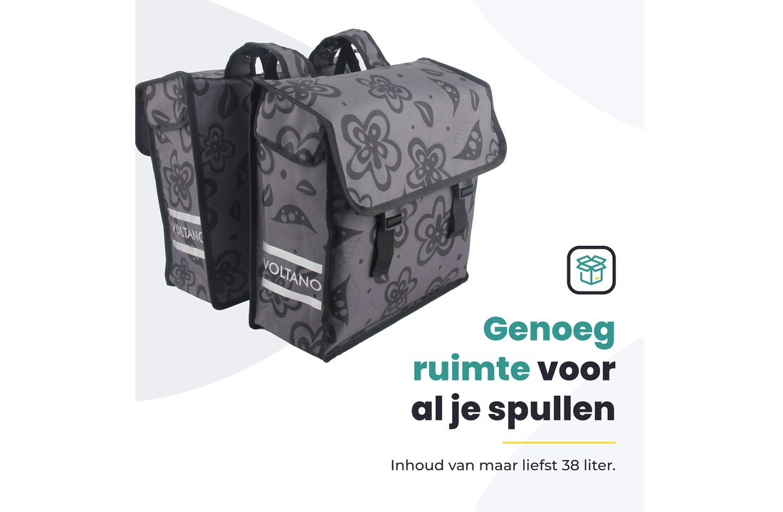 Voltano Dubbele Fietstas Floral Fusion - Grijs Met Bloemen - 38 Liter - Waterdicht Polyester