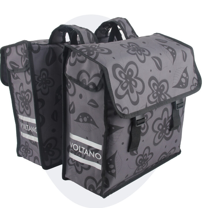 Voltano Dubbele Fietstas Floral Fusion - Grijs Met Bloemen - 38 Liter - Waterdicht Polyester