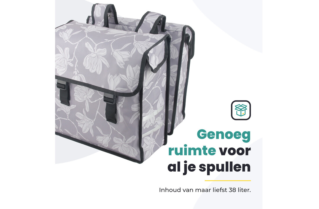 Voltano Dubbele Fietstas Rose Harmony - Grijs Met Bloemen - 38 Liter - Waterdicht Polyester