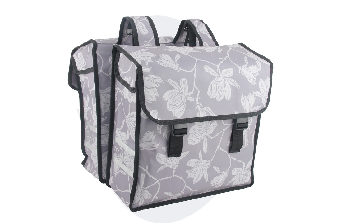 Voltano Dubbele Fietstas Rose Harmony - Grijs Met Bloemen - 38 Liter - Waterdicht Polyester