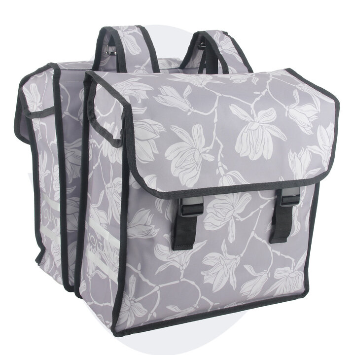 Voltano Dubbele Fietstas Rose Harmony - Grijs Met Bloemen - 38 Liter - Waterdicht Polyester