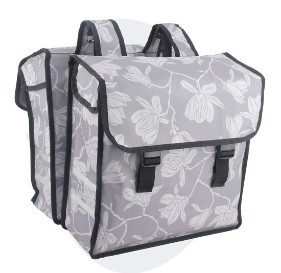 Voltano Dubbele Fietstas Rose Harmony - Grijs Met Bloemen - 38 Liter - Waterdicht Polyester
