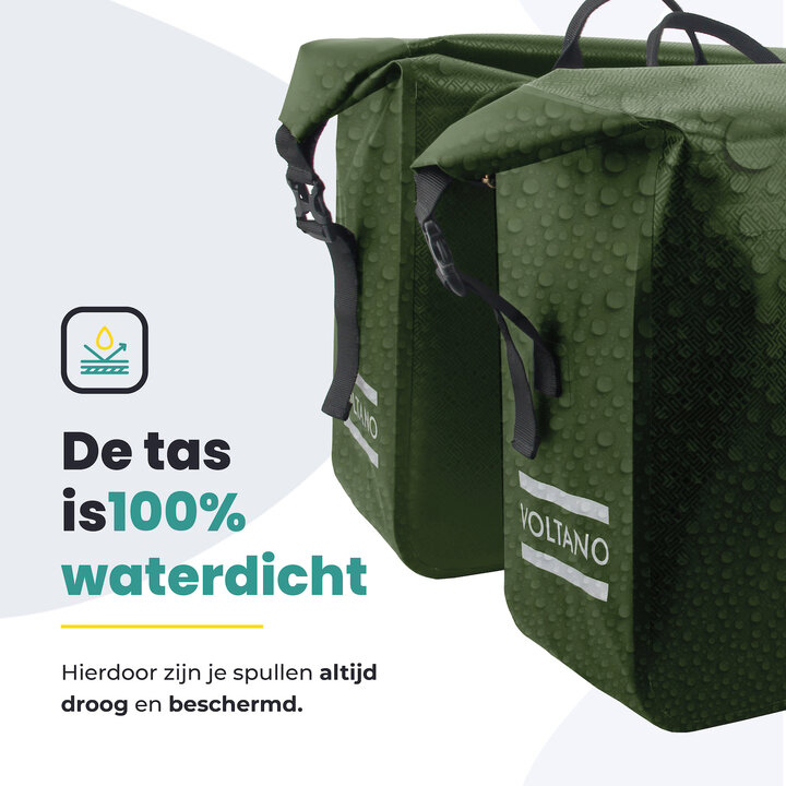 Voltano Dubbele Fietstas Rolltop Urban Green - 48 Liter - 100% Waterdicht