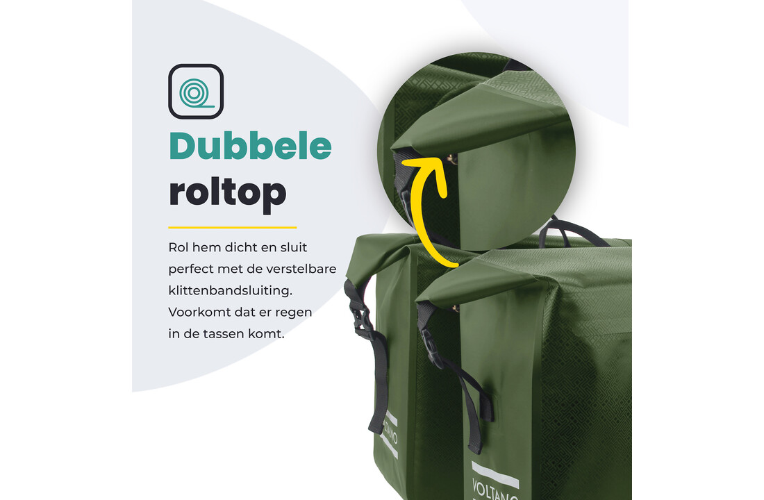 Voltano Dubbele Fietstas Rolltop Urban Green - 48 Liter - 100% Waterdicht