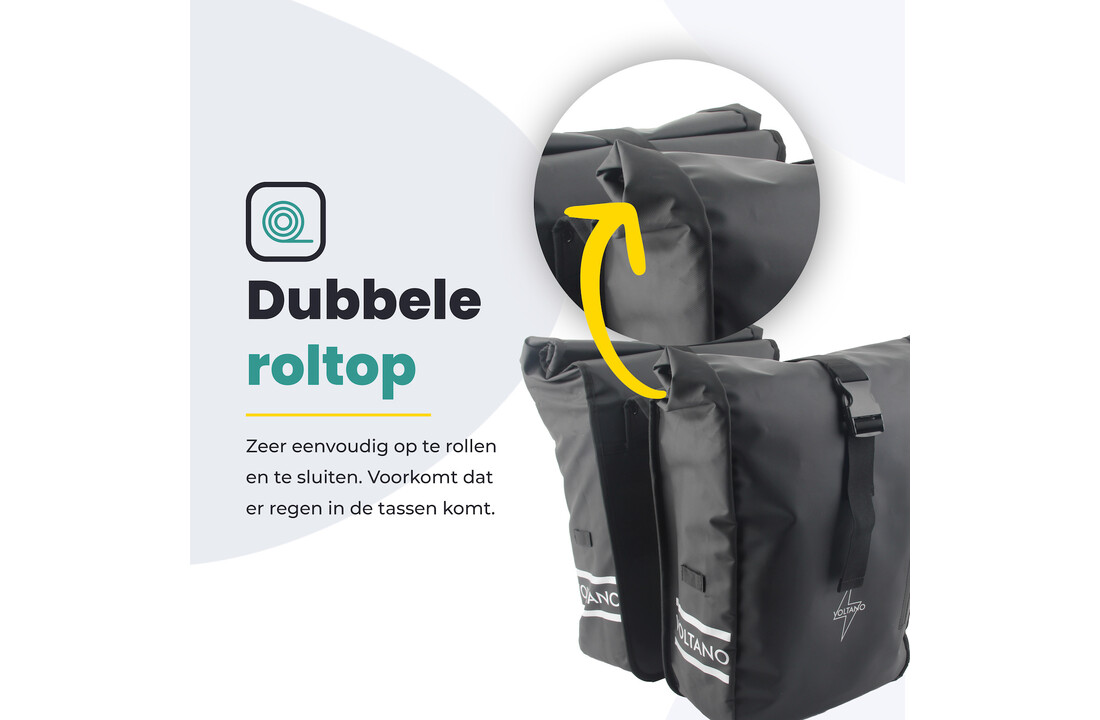 Voltano Dubbele Fietstas Rolltop - Zwart - 48 Liter - 100% Waterdicht