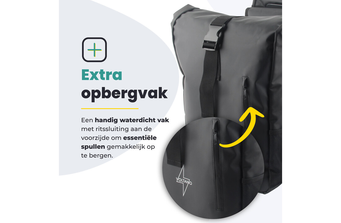 Voltano Dubbele Fietstas Rolltop - Zwart - 48 Liter - 100% Waterdicht