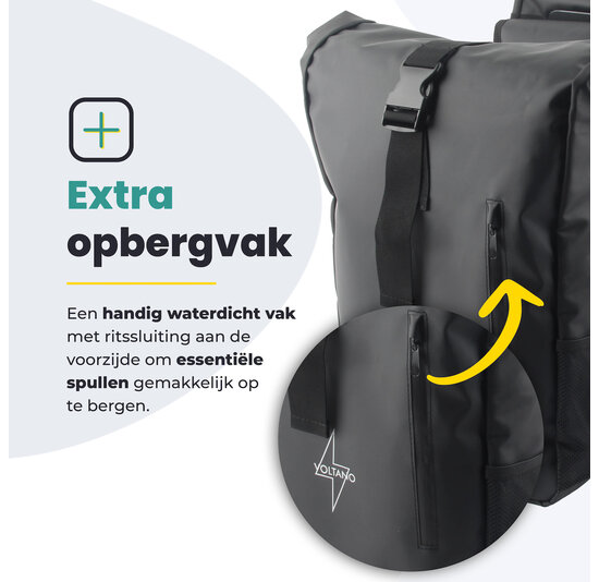 Voltano Dubbele Fietstas Rolltop - Zwart - 48 Liter - 100% Waterdicht