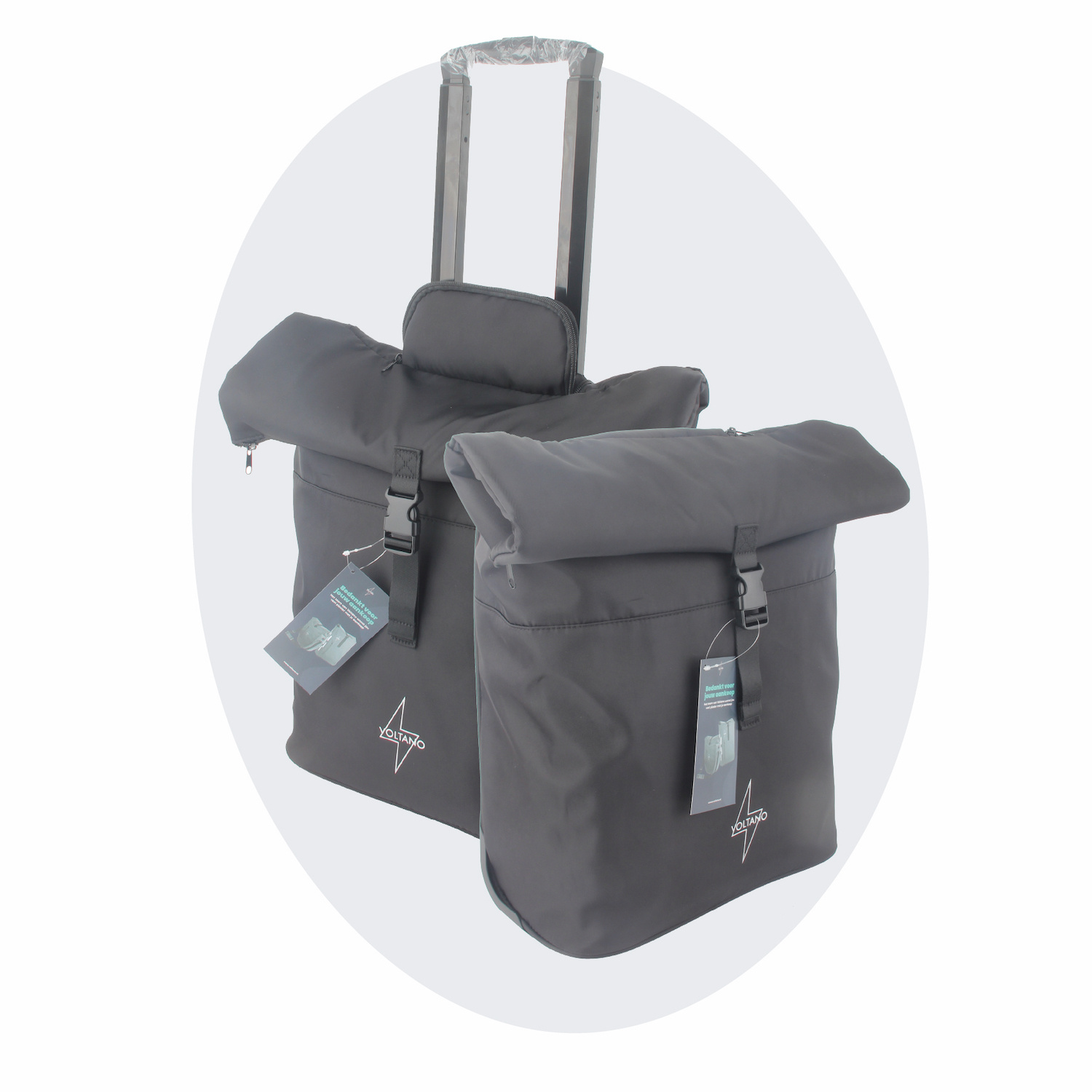 Voltano Fietstrolley Tas 2.0 - Fietstas en Trolley in 1 - Zwart - Laptopvak - 18-28 Liter